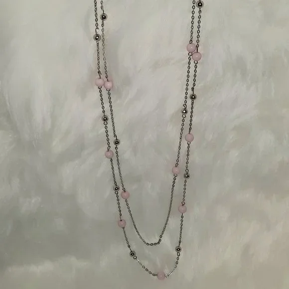 NWT Long Pink and Silver Bead Double Necklace